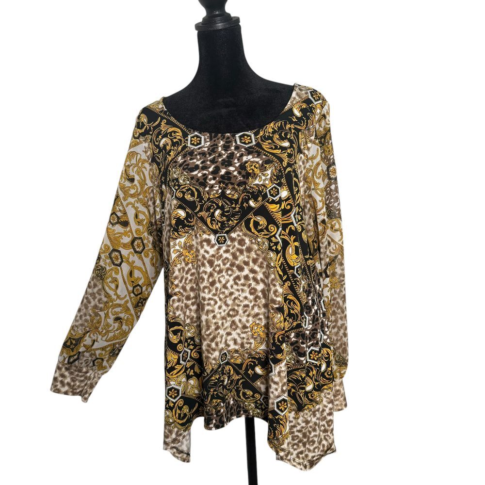 Alfani Gold Baroque Top 0X‎ Leopard Print Mob Wife Dark Luxe Maximalist Chic